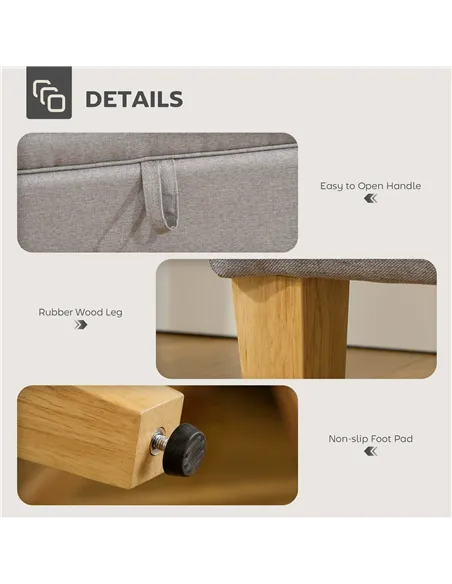 HOMCOM 30L Linen Storage Ottoman Padded Footstool with Rubberwood Legs for Storage Box, Bed End, Shoe Bench, Seating, Light Grey