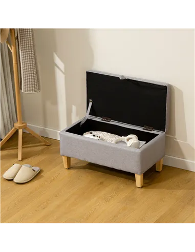 HOMCOM 30L Linen Storage Ottoman Padded Footstool with Rubberwood Legs for Storage Box, Bed End, Shoe Bench, Seating, Light Grey