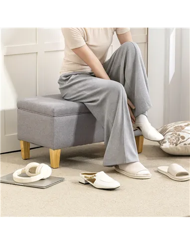 HOMCOM 30L Linen Storage Ottoman Padded Footstool with Rubberwood Legs for Storage Box, Bed End, Shoe Bench, Seating, Light Grey