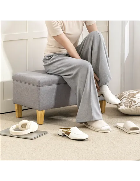 HOMCOM 30L Linen Storage Ottoman Padded Footstool with Rubberwood Legs for Storage Box, Bed End, Shoe Bench, Seating, Light Grey