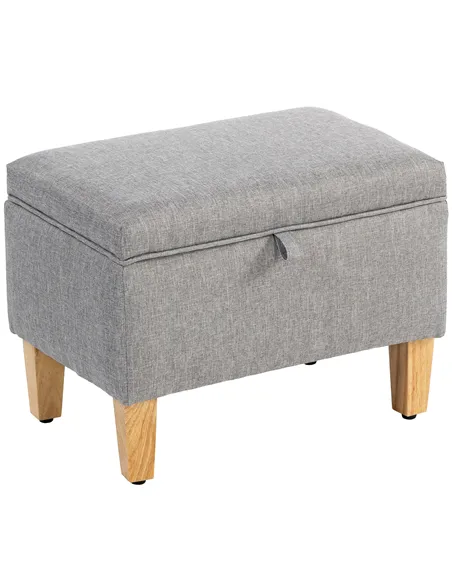 HOMCOM 16L Linen Storage Ottoman Padded Footstool with Rubberwood Legs for Storage Box, Bed End, Shoe Bench, Seating, Light Grey