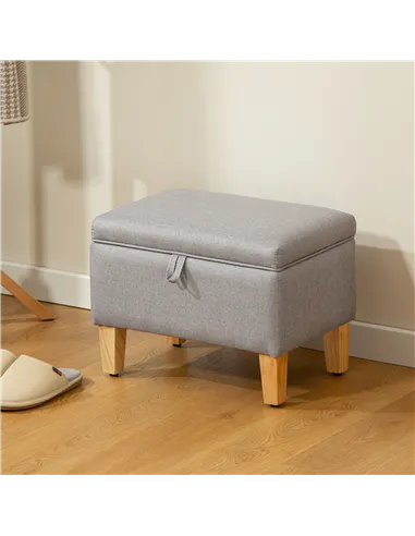 HOMCOM 16L Linen Storage Ottoman Padded Footstool with Rubberwood Legs for Storage Box, Bed End, Shoe Bench, Seating, Light Grey