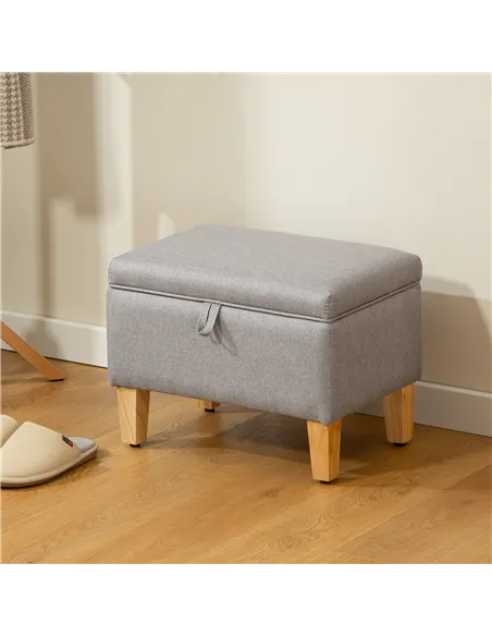 HOMCOM 16L Linen Storage Ottoman Padded Footstool with Rubberwood Legs for Storage Box, Bed End, Shoe Bench, Seating, Light Grey