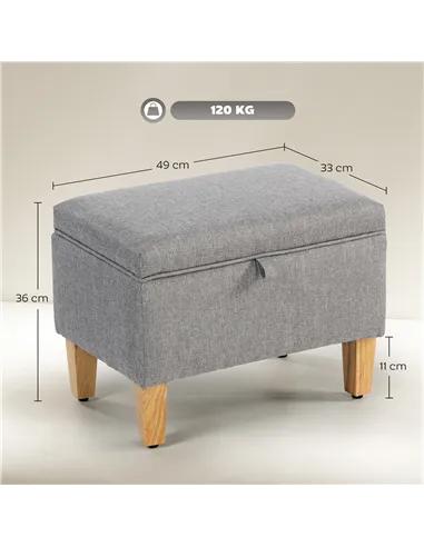 HOMCOM 16L Linen Storage Ottoman Padded Footstool with Rubberwood Legs for Storage Box, Bed End, Shoe Bench, Seating, Light Grey