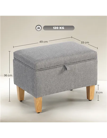 HOMCOM 16L Linen Storage Ottoman Padded Footstool with Rubberwood Legs for Storage Box, Bed End, Shoe Bench, Seating, Light Grey