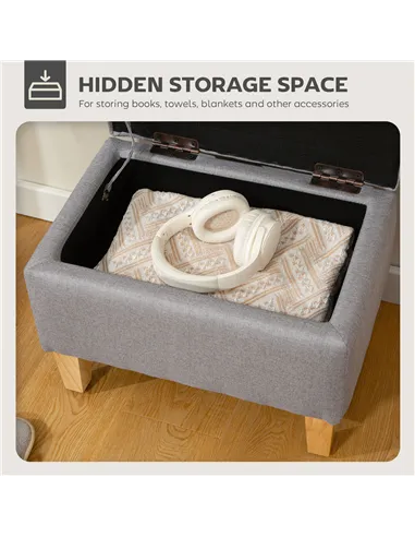 HOMCOM 16L Linen Storage Ottoman Padded Footstool with Rubberwood Legs for Storage Box, Bed End, Shoe Bench, Seating, Light Grey