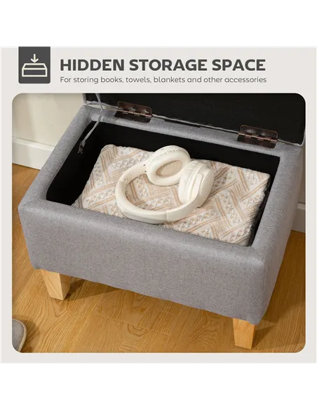 HOMCOM 16L Linen Storage Ottoman Padded Footstool with Rubberwood Legs for Storage Box, Bed End, Shoe Bench, Seating, Light Grey