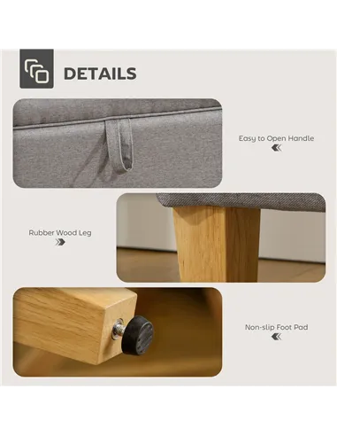 HOMCOM 16L Linen Storage Ottoman Padded Footstool with Rubberwood Legs for Storage Box, Bed End, Shoe Bench, Seating, Light Grey