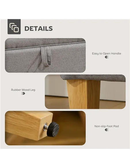 HOMCOM 16L Linen Storage Ottoman Padded Footstool with Rubberwood Legs for Storage Box, Bed End, Shoe Bench, Seating, Light Grey