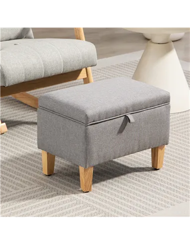 HOMCOM 16L Linen Storage Ottoman Padded Footstool with Rubberwood Legs for Storage Box, Bed End, Shoe Bench, Seating, Light Grey