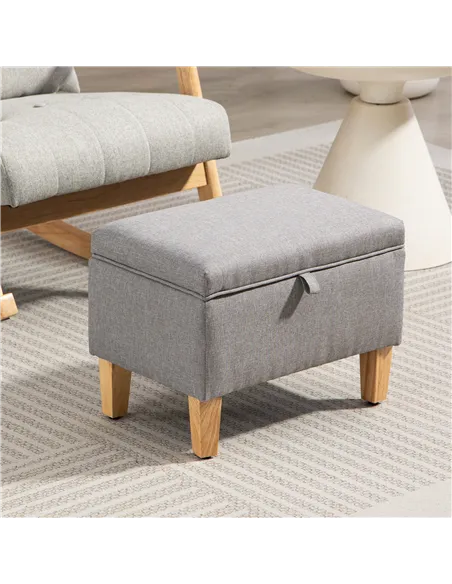 HOMCOM 16L Linen Storage Ottoman Padded Footstool with Rubberwood Legs for Storage Box, Bed End, Shoe Bench, Seating, Light Grey