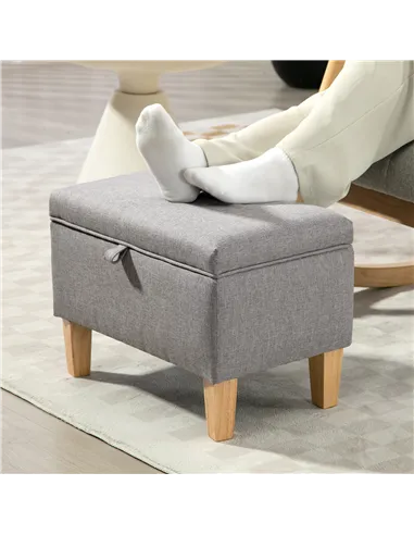 HOMCOM 16L Linen Storage Ottoman Padded Footstool with Rubberwood Legs for Storage Box, Bed End, Shoe Bench, Seating, Light Grey