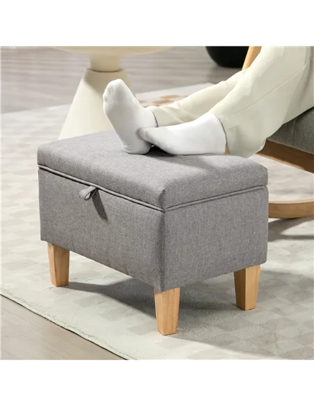 HOMCOM 16L Linen Storage Ottoman Padded Footstool with Rubberwood Legs for Storage Box, Bed End, Shoe Bench, Seating, Light Grey