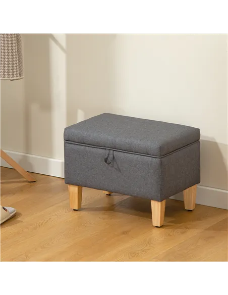 HOMCOM 16L Linen Storage Ottoman Padded Footstool with Rubberwood Legs for Storage Box, Bed End, Shoe Bench, Seating, Charcoal G