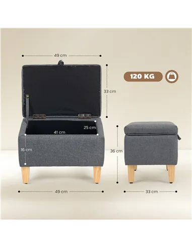 HOMCOM 16L Linen Storage Ottoman Padded Footstool with Rubberwood Legs for Storage Box, Bed End, Shoe Bench, Seating, Charcoal G