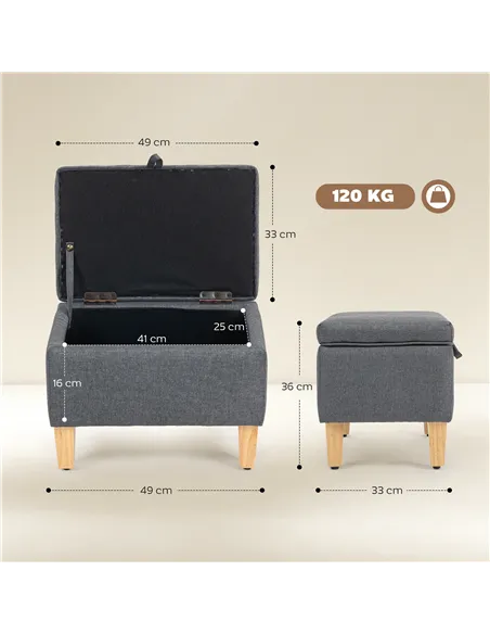 HOMCOM 16L Linen Storage Ottoman Padded Footstool with Rubberwood Legs for Storage Box, Bed End, Shoe Bench, Seating, Charcoal G