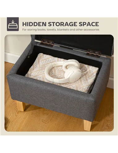 HOMCOM 16L Linen Storage Ottoman Padded Footstool with Rubberwood Legs for Storage Box, Bed End, Shoe Bench, Seating, Charcoal G