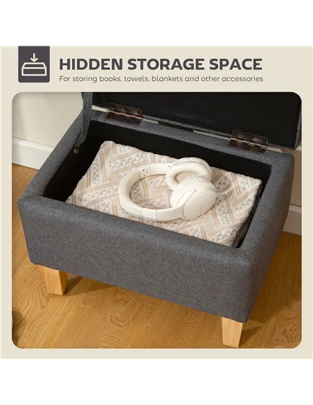 HOMCOM 16L Linen Storage Ottoman Padded Footstool with Rubberwood Legs for Storage Box, Bed End, Shoe Bench, Seating, Charcoal G