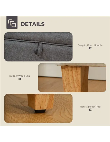 HOMCOM 16L Linen Storage Ottoman Padded Footstool with Rubberwood Legs for Storage Box, Bed End, Shoe Bench, Seating, Charcoal G