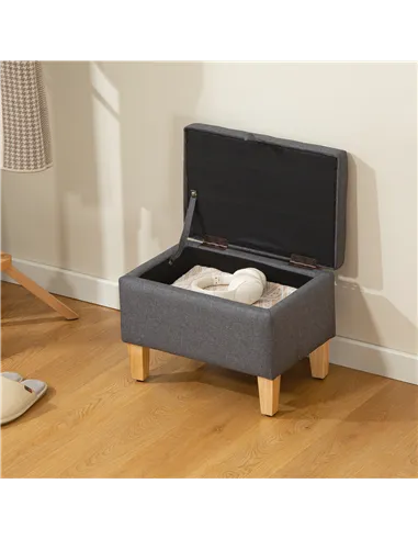 HOMCOM 16L Linen Storage Ottoman Padded Footstool with Rubberwood Legs for Storage Box, Bed End, Shoe Bench, Seating, Charcoal G