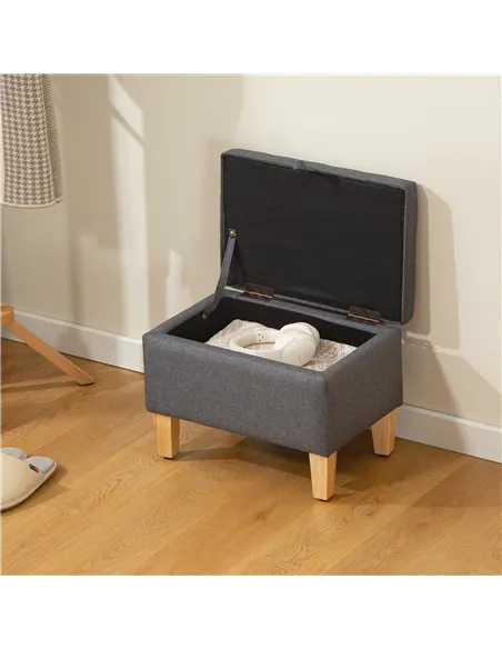 HOMCOM 16L Linen Storage Ottoman Padded Footstool with Rubberwood Legs for Storage Box, Bed End, Shoe Bench, Seating, Charcoal G