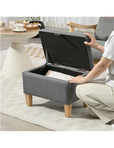 HOMCOM 16L Linen Storage Ottoman Padded Footstool with Rubberwood Legs for Storage Box, Bed End, Shoe Bench, Seating, Charcoal G