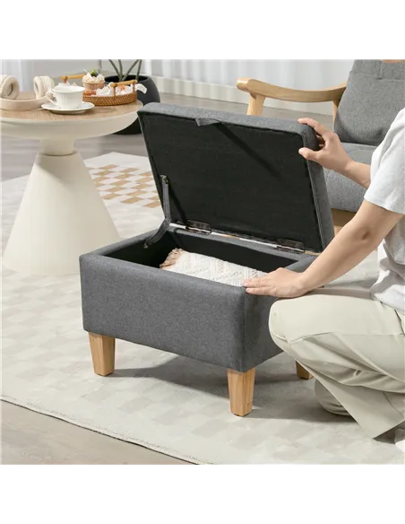 HOMCOM 16L Linen Storage Ottoman Padded Footstool with Rubberwood Legs for Storage Box, Bed End, Shoe Bench, Seating, Charcoal G