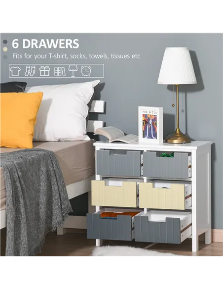 HOMCOM 6 Drawer Storage Tower, Dresser Chest with Wood Top, Organiser Unit for Closets Bedroom Nursery Room Hallway