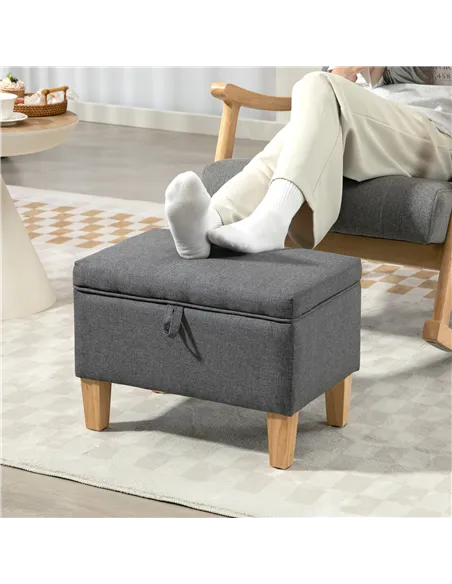 HOMCOM 16L Linen Storage Ottoman Padded Footstool with Rubberwood Legs for Storage Box, Bed End, Shoe Bench, Seating, Charcoal G