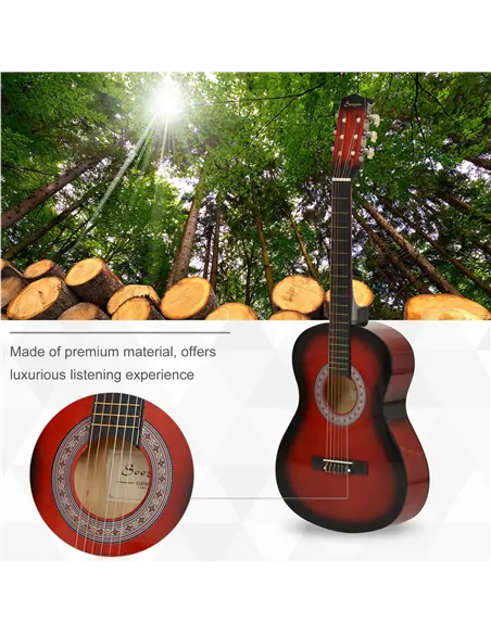 HOMCOM 36" 3/4 Beginner Acoustic Guitar Set, with Protective Case, Red