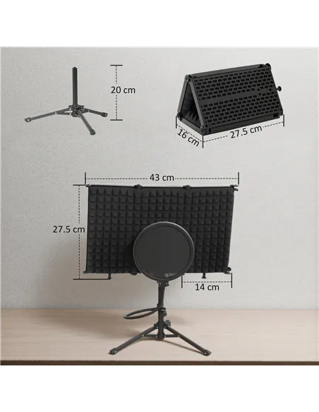 HOMCOM Studio Microphone Isolation Shield with Pop Filter and Tripod Stand, Foldable Adjustable Recording Studio Equipment, 3-Pa