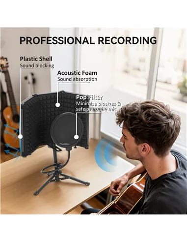 HOMCOM Studio Microphone Isolation Shield with Pop Filter and Tripod Stand, Foldable Adjustable Recording Studio Equipment, 3-Pa