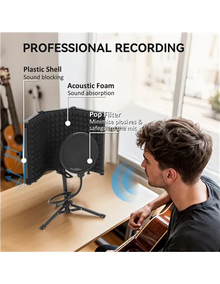 HOMCOM Studio Microphone Isolation Shield with Pop Filter and Tripod Stand, Foldable Adjustable Recording Studio Equipment, 3-Pa