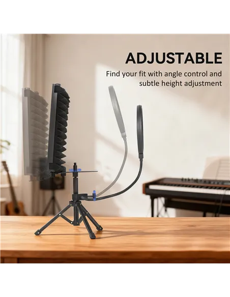 HOMCOM Studio Microphone Isolation Shield with Pop Filter and Tripod Stand, Foldable Adjustable Recording Studio Equipment, 3-Pa