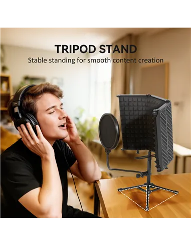 HOMCOM Studio Microphone Isolation Shield with Pop Filter and Tripod Stand, Foldable Adjustable Recording Studio Equipment, 3-Pa