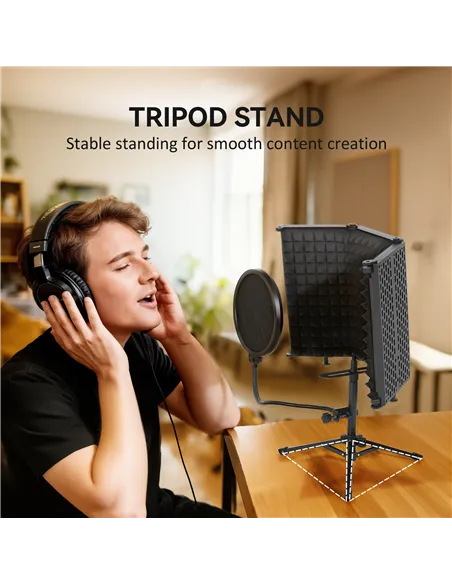 HOMCOM Studio Microphone Isolation Shield with Pop Filter and Tripod Stand, Foldable Adjustable Recording Studio Equipment, 3-Pa