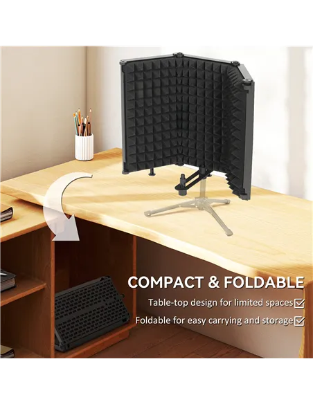 HOMCOM Studio Microphone Isolation Shield, Foldable Adjustable Recording Studio Equipment, 3-Panel High Density Absorbent Foam S