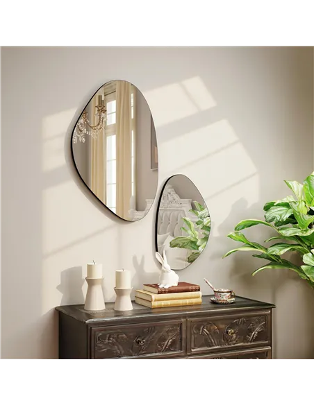 HOMCOM Set of 2 Pebble-Shaped Wall Mirror - Black