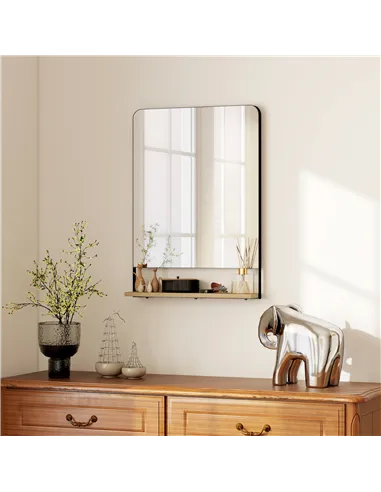 HOMCOM Wall Mirror with Wood Shelf - Black