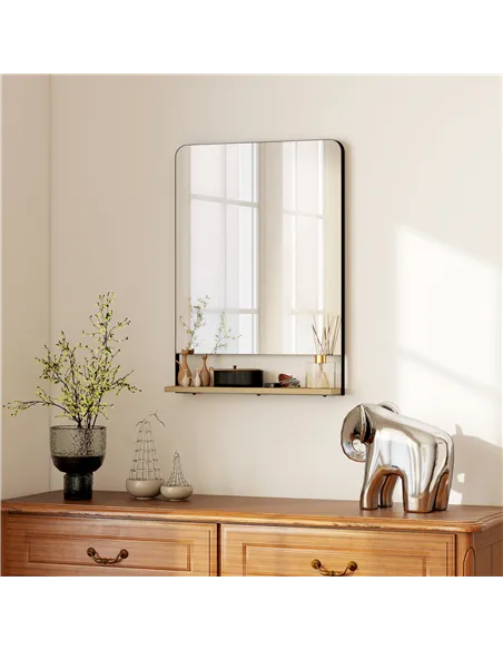 HOMCOM Wall Mirror with Wood Shelf - Black