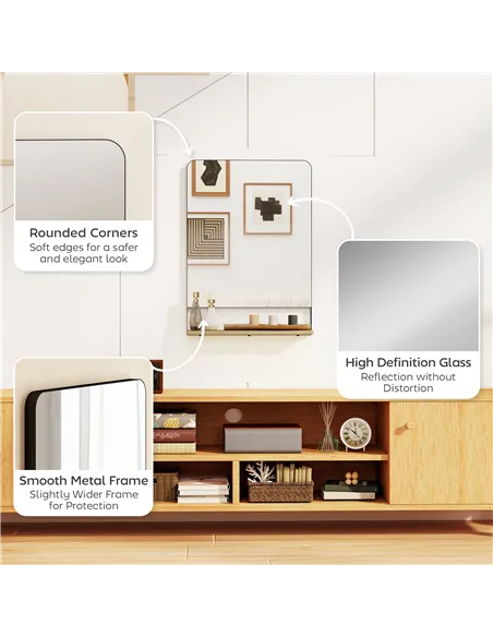 HOMCOM Wall Mirror with Wood Shelf - Black