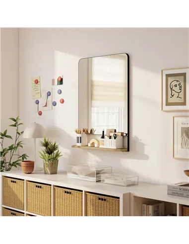 HOMCOM Wall Mirror with Wood Shelf - Black