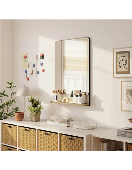 HOMCOM Wall Mirror with Wood Shelf - Black