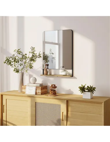 HOMCOM Wall Mirror with Wood Shelf - Black