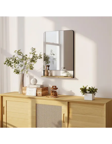 HOMCOM Wall Mirror with Wood Shelf - Black