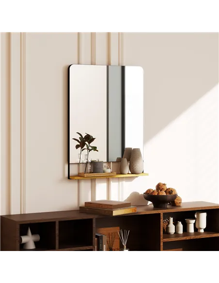HOMCOM Wall Mirror with Wood Shelf - Black