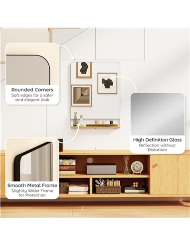 HOMCOM Wall Mirror with Wood Shelf - Black