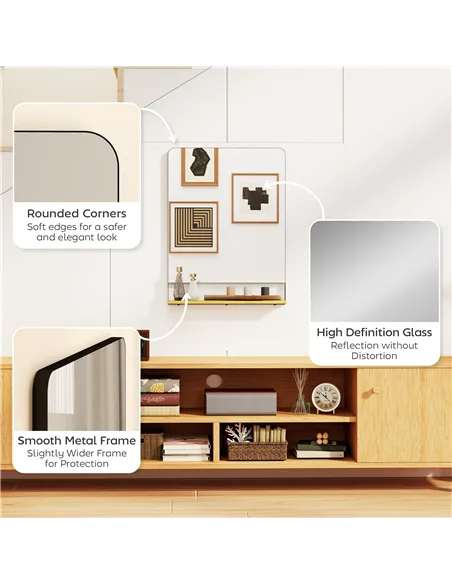 HOMCOM Wall Mirror with Wood Shelf - Black