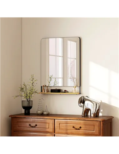 HOMCOM Wall Mirror with Wood Shelf - Black