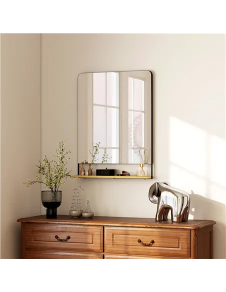 HOMCOM Wall Mirror with Wood Shelf - Black